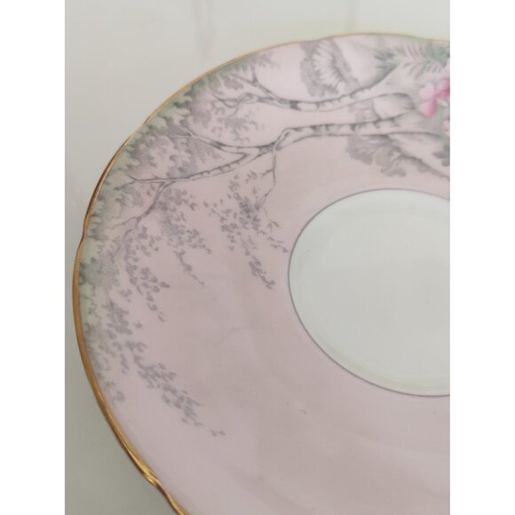 Paragon Tea Cup and Saucer Set Pink Floral Landscape with Birch Trees 1940's - Picture 13 of 14